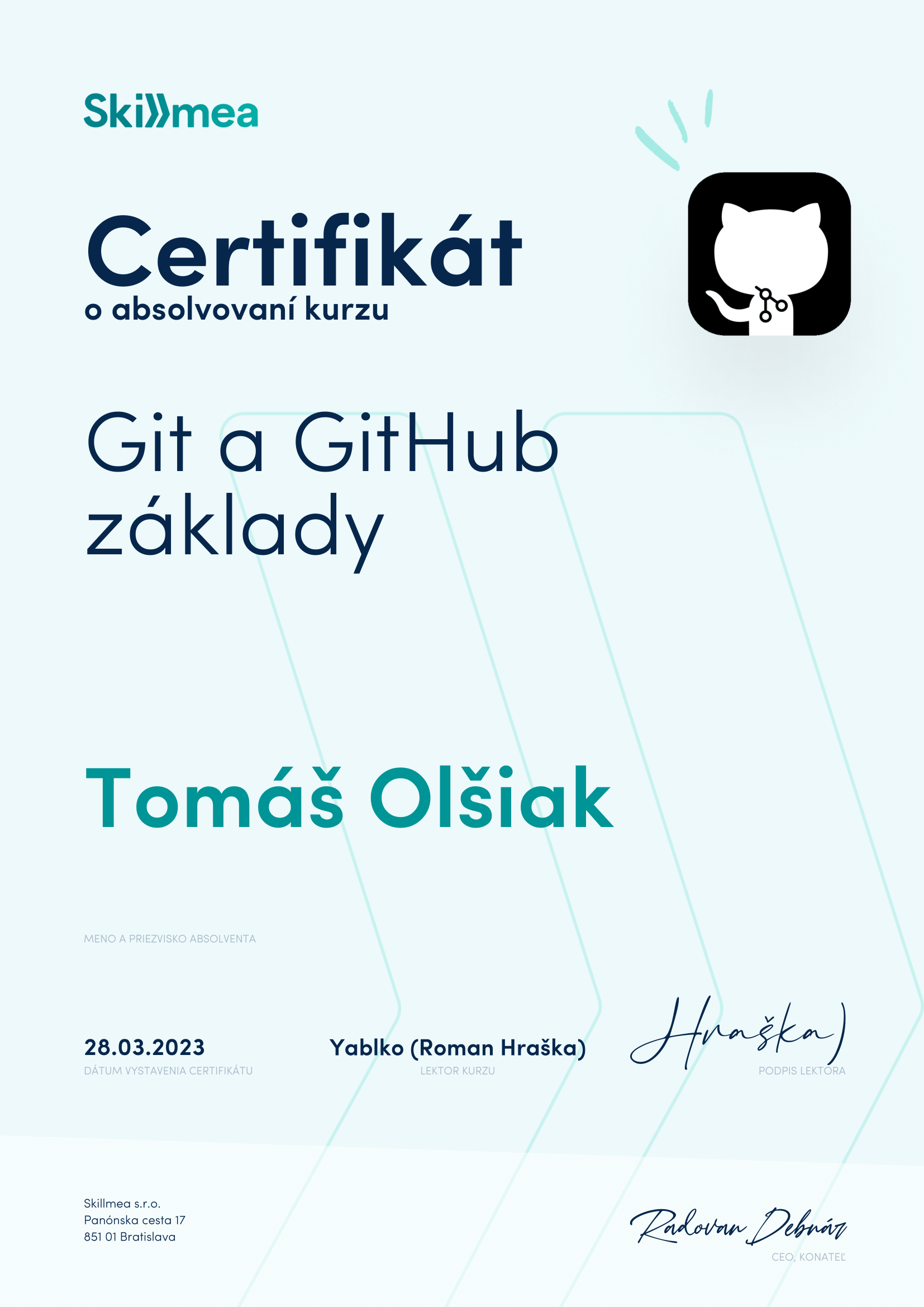 a photo of my certificate for Git and GitHub