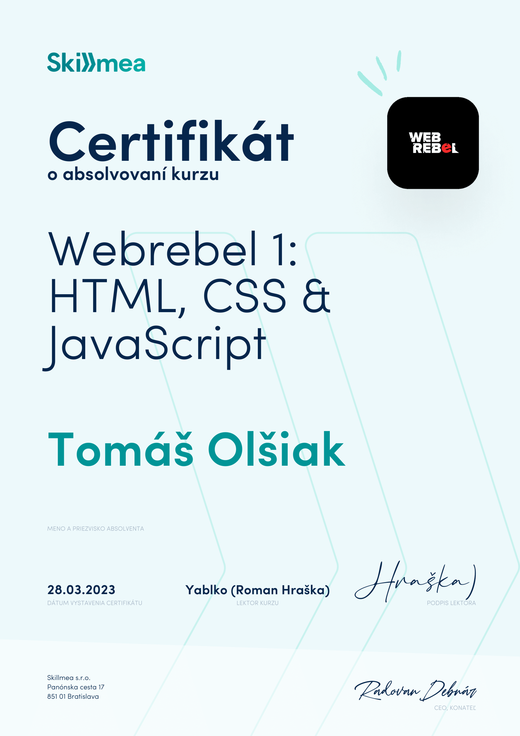photo of my certificate for HTML, CSS and JS