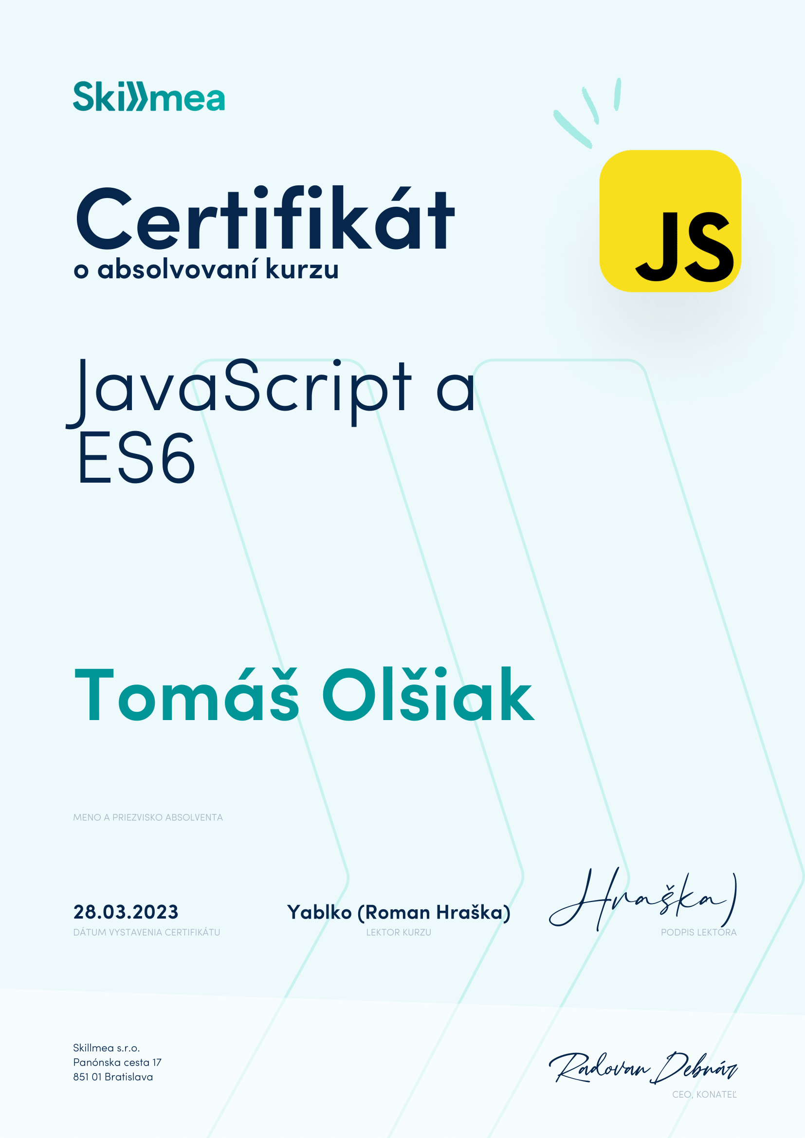 photo of my certificate for Javascript and ES6