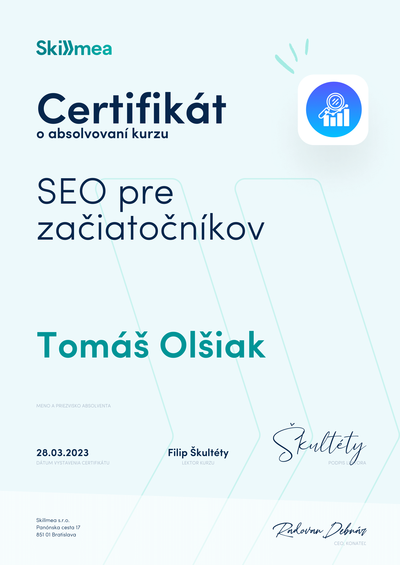photo of my certificate for SEO basics