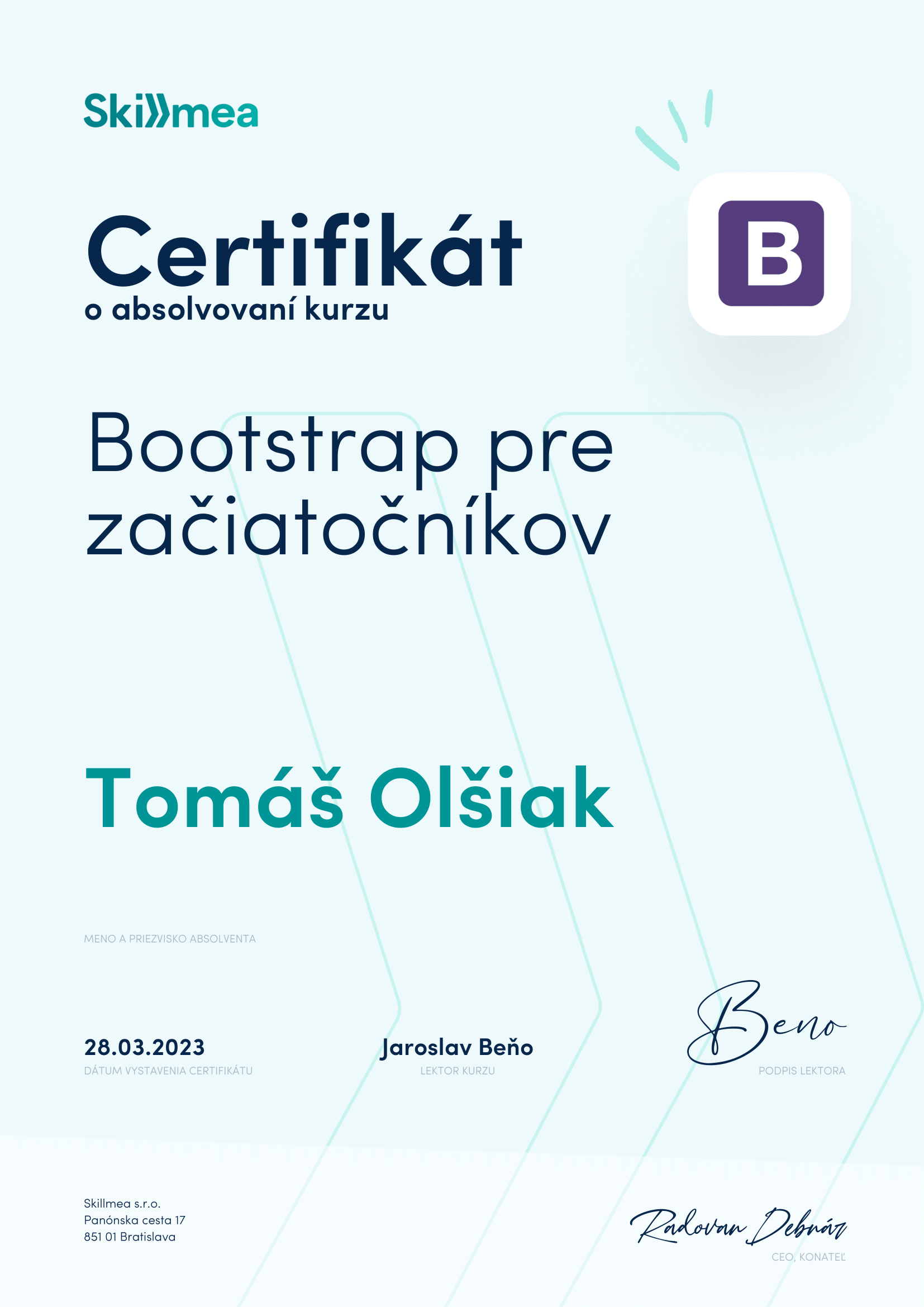 a photo of my certificate for Bootstrap