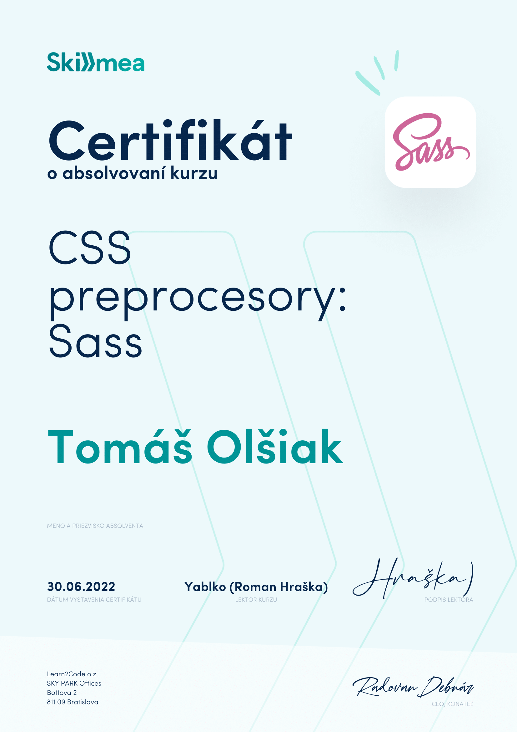 a photo of my certificate for SCSS